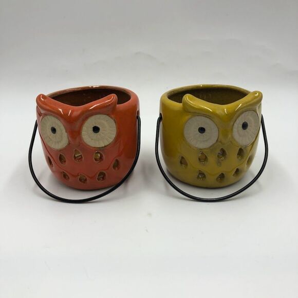 Vintage Gerson International Ceramic Owls Set of 2 with Handles Orange Yellow - Picture 3 of 11